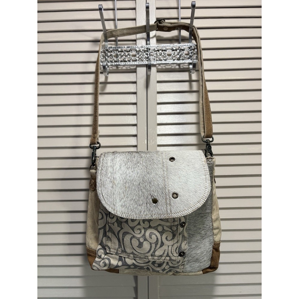 Myra Hair On Cowhide Leather Canvas Paisley Shoulder‎ Bag Boho Gray/Tan